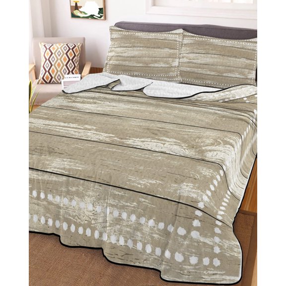 Twin Quilt Bedding Set, Farmhouse Vintage Brown Wood Board Lightweight Coverlet Summer Comforter Set Soft Microfiber Bedspread, White Polka Dot Stripe 3 Piece Quilt Set with 2 Pillow Shams