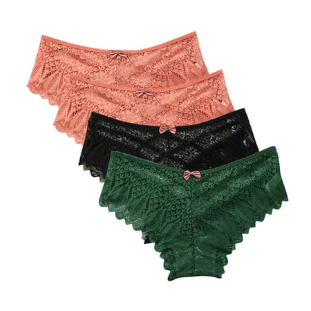 Kaemgyyd Lace Thongs for Women 4 Pack Plus Size Low Rise Panties Cotton Cute No Show Soft Hollow out Underwear