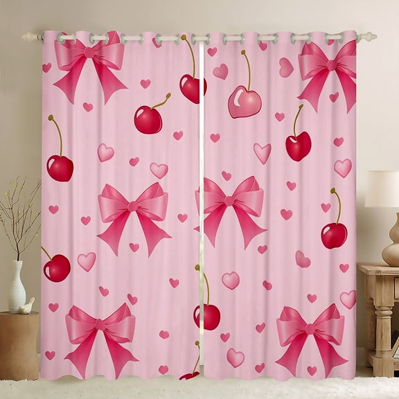 Manfei Girls Pink Ribbon Black Out Curtains, Cartoon Bowknot Bow-tie Curtains Pack of 2 (42x63 Each), Princess Cherry Love Heart Bedroom Curtains, Curtains Blackout Bedroom Decor