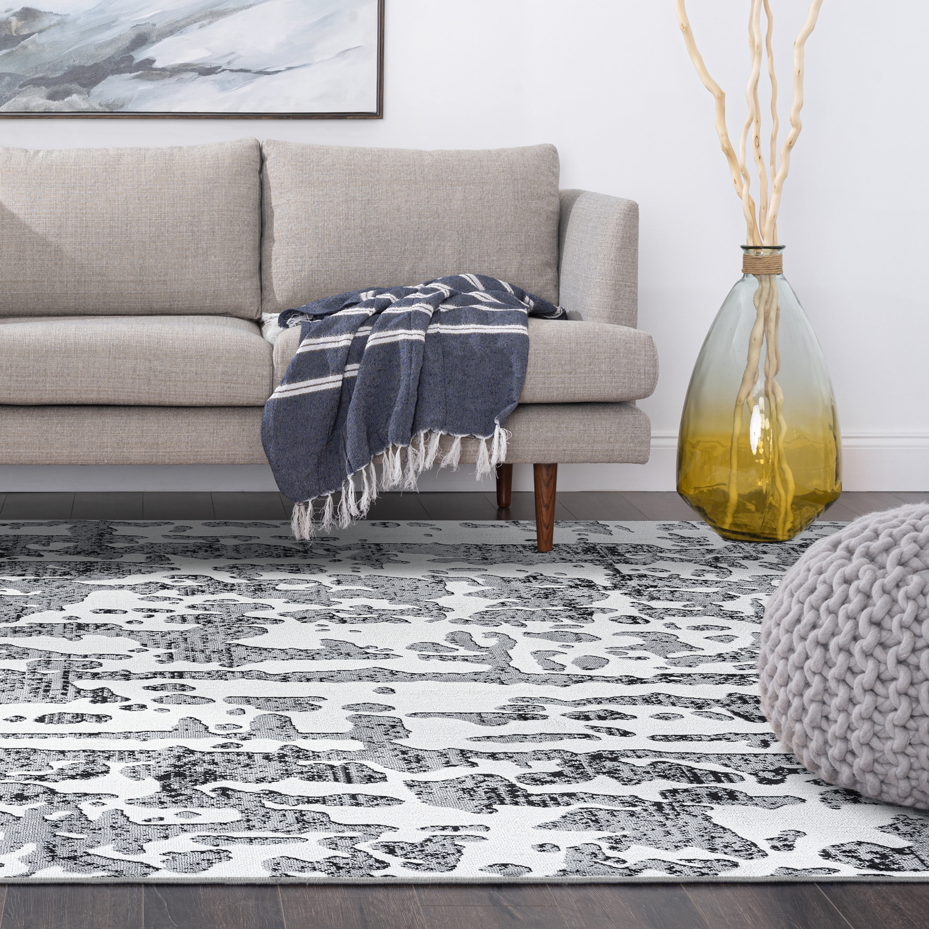 Contemporary 9x12 Area Rug (8'10'' x 12'2'') Abstract Gray, White Living Room Easy to Clean