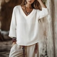 thumbnail image 5 of Endives Women's Linen Blouse 3/4 Sleeve Tops V Neck Loose Fit Summer Top Beach Vacation Outfit White, 5 of 7