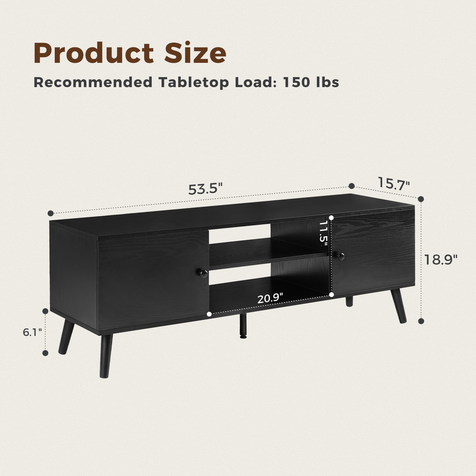 GIANNA Mid-Century Modern Wooden TV Stand for 55-60” TVs, 2 Storage Cabinets, Adjustable Shelf, Cable Management, Sturdy Legs, Easy Assembly, Black