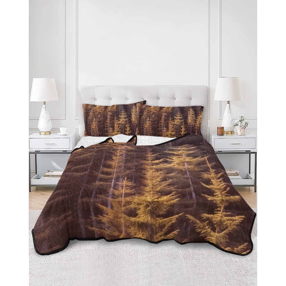Quilts King Size, Yellow Forest Soft Comforter Bedding Set for Bed, Pine Tree Summer Botanical Modern Art Lightweight Quilted Bedspread with Pillow Cover(2 Pieces) for All Season, 96x106 Inch