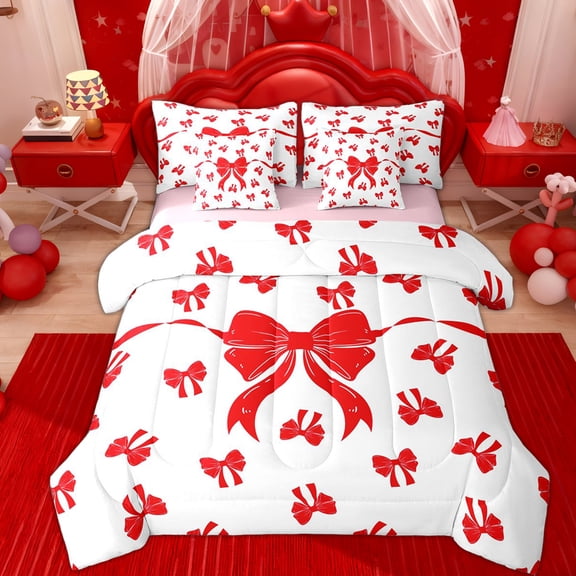 Erosebridal Red Bowknot Kids Twin Bedding Sets 7-Piece, Cute Bow-tie Bedding Comforter Set, Pink Reversible