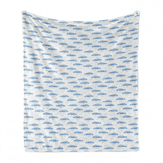 Taxi Soft Flannel Fleece Throw Blanket, Pale Toned Vehicles Pattern Urban Transportation Theme Simplistic Doodle, Cozy Plush for Indoor and Outdoor Use, 70" x 90", Pale Blue and White, by Ambesonne