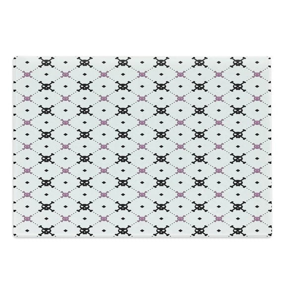 Skull Cutting Board, Girly Skull and Crossbones Checkered Pattern Simple Design Image, Decorative Tempered Glass Cutting and Serving Board, Large Size, Pale Pink White Black, by Ambesonne