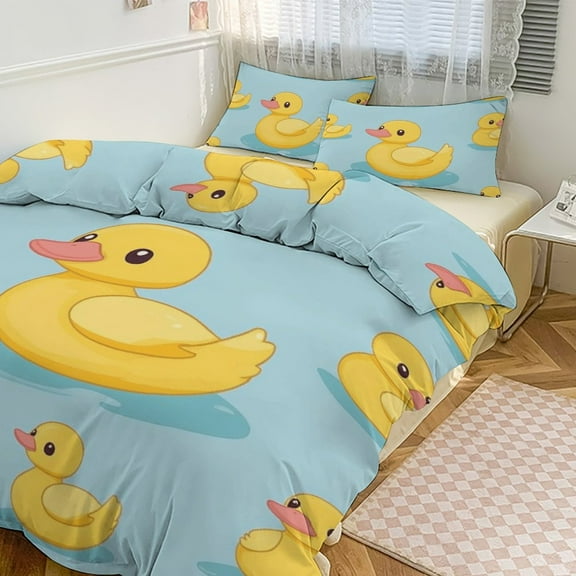 Cute Yellow Duck (2) Duvet Cover Set Themed Multicolor Polyester Bedding Set for Bedroom Decoration