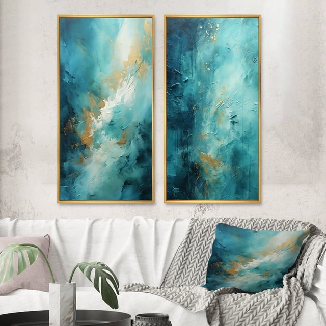 Designart "Turquoise Calm II" Abstract Landscapes Framed Wall Art Set Of 2 - Teal Landscapes Gallery Wall Frame Set For Home Decor