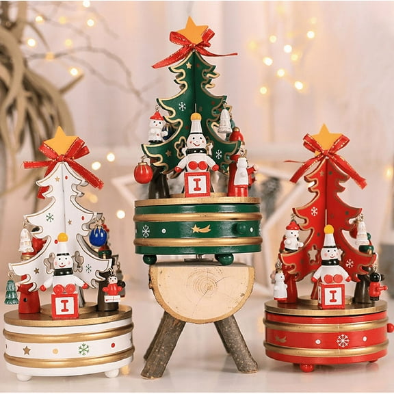 Funny Christmas DIY Music Box with 4 Figurines Wooden Christmas Tree Merry-Go-Round Rotating Windup Musical Gift Festive Home Christmas Decoration Birthday Valentine's Day New Year Gift
