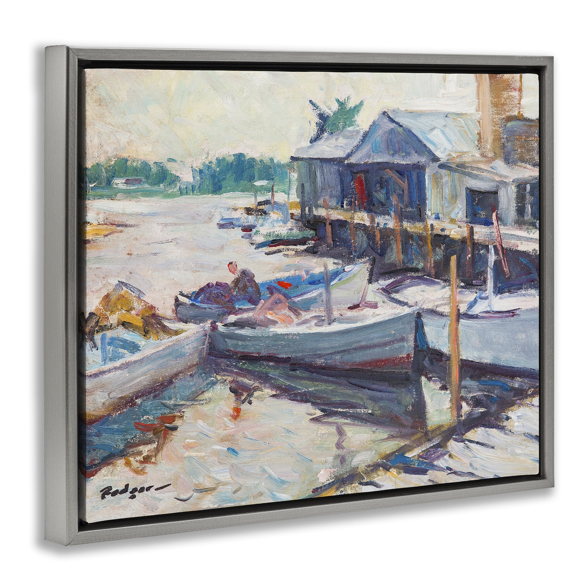 Stupell Industries Scenic Boat Marina Landscape & Nature Painting Gray Floater Framed Canvas Art Print Wall Art, 31 x 25