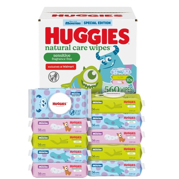 Huggies Little Monsters Natural Care Sensitive Wipes, Unscented, 10 Pack, 560 Total Count