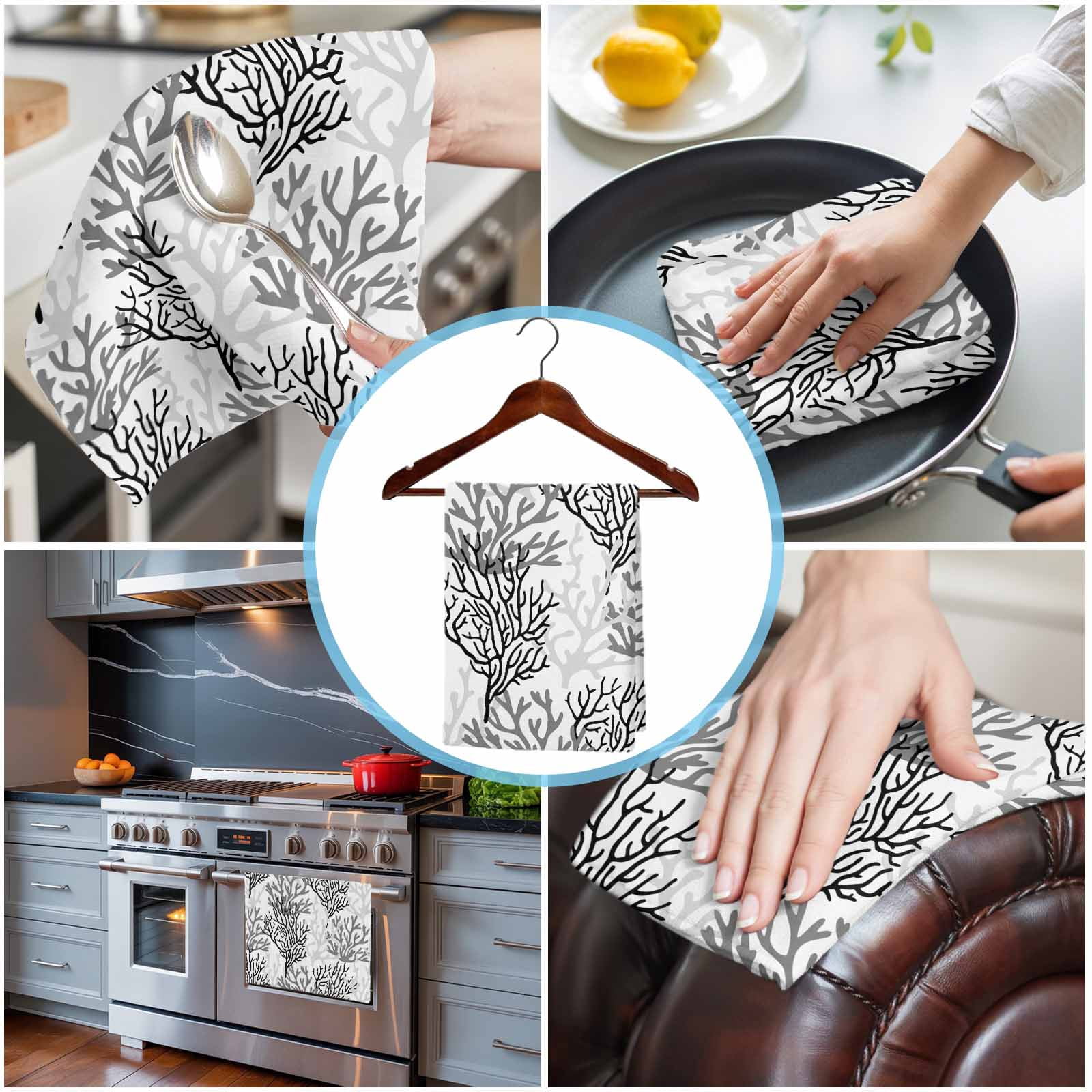 Black Gray Coral Coastal Kitchen Towels Set of 3, Water Absorbent Dish Towel, Summer Beach Seaside Nautical Decorative Hand Towels - Quick Drying Cloth for Cooking Baking, 18x28 Inch