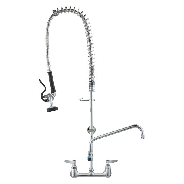 VEVOR Robinet d'Évier de Cuisine Commercial Mural avec Pulvérisateur Pré-Rinçage d'Une Hauteur de 36 Pouces. Comprend un Pulvérisateur à Haute Pression avec un Tuyau flexible en Acier Inoxydable et un Robinet Pivotant de 12 Pouces. la Conception à Double Poignée Permet le Contrôle de l'Eau Chaude et Froide, Tandis Que la Bride Centrale Ajustable Convient à la Plupart des Éviers. Fait de Laiton durable avec une Finition Électroplaquée Résistante à l'Usure, Assurant une Anticorrosion et une Utilisation à Long Terme. Idéal pour les Éviers de Cuisine de Qualité Professionnelle