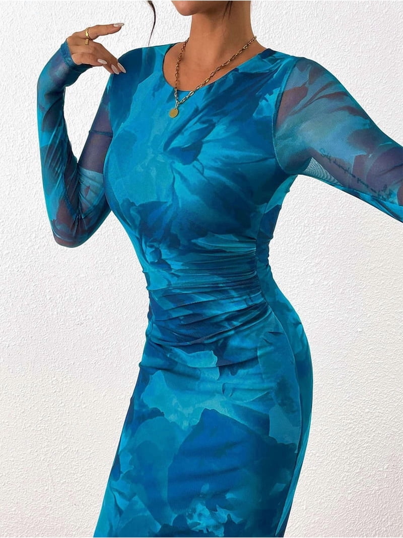 blue tight long sleeve dress Women'S Bodycon Maxi Dress Fashion Long Sleeve Floral Print Tight Fitted  Party Club Ruched Dresses Blue XXL