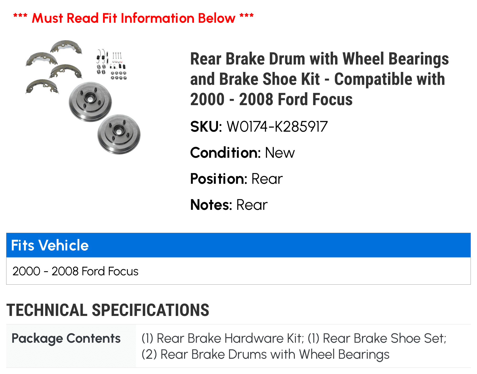 Rear Drums Wheel Bearings Brake Shoes And Hardware For Ford Focus 2000-2008