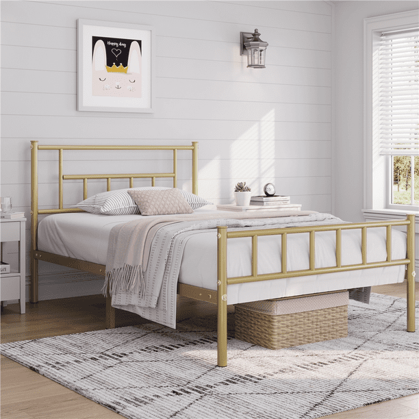 Topeakmart Metal Twin Bed Frame Slatted Bed Base with Headboard and