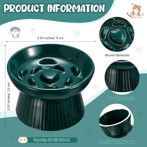 2 Pcs Raised Cat Slow Feeder Bowl Ceramic Elevated Cat Dog Food Bowl No Spill High Edge for Dry Wet Food and Water Easy to Clean, Dishwasher Safe (Dark Green)
