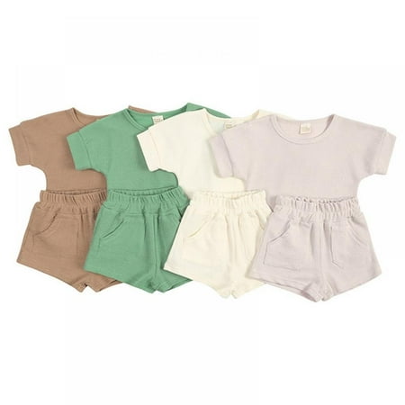 

BULLPIANO 2Pcs Baby Boys Girls Summer Clothing Sets Solid Color Short Sleeve Tops T-Shirt Elastic Waist Shorts Summer Outfit Set