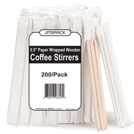 200 Pcs Individually Wrapped Coffee Stirrers Wood - 5.5" Coffee Stir Sticks, Round End Disposable coffee stirrer, For Coffee, Cocktail and Hot Drinks.