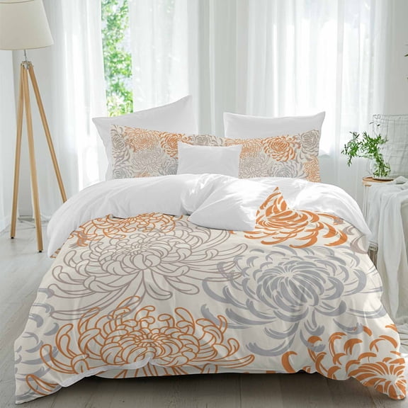 Orange Flower Full Size Comforter Set, Vintage Orange Grey Chrysanthemums Floral Beige Bedding for All Seasons, 4 Pcs Bed Set, 1Quiltcover (86"x86") ,1Sheet(80"x116"), 2Pillowcases (30"x20")