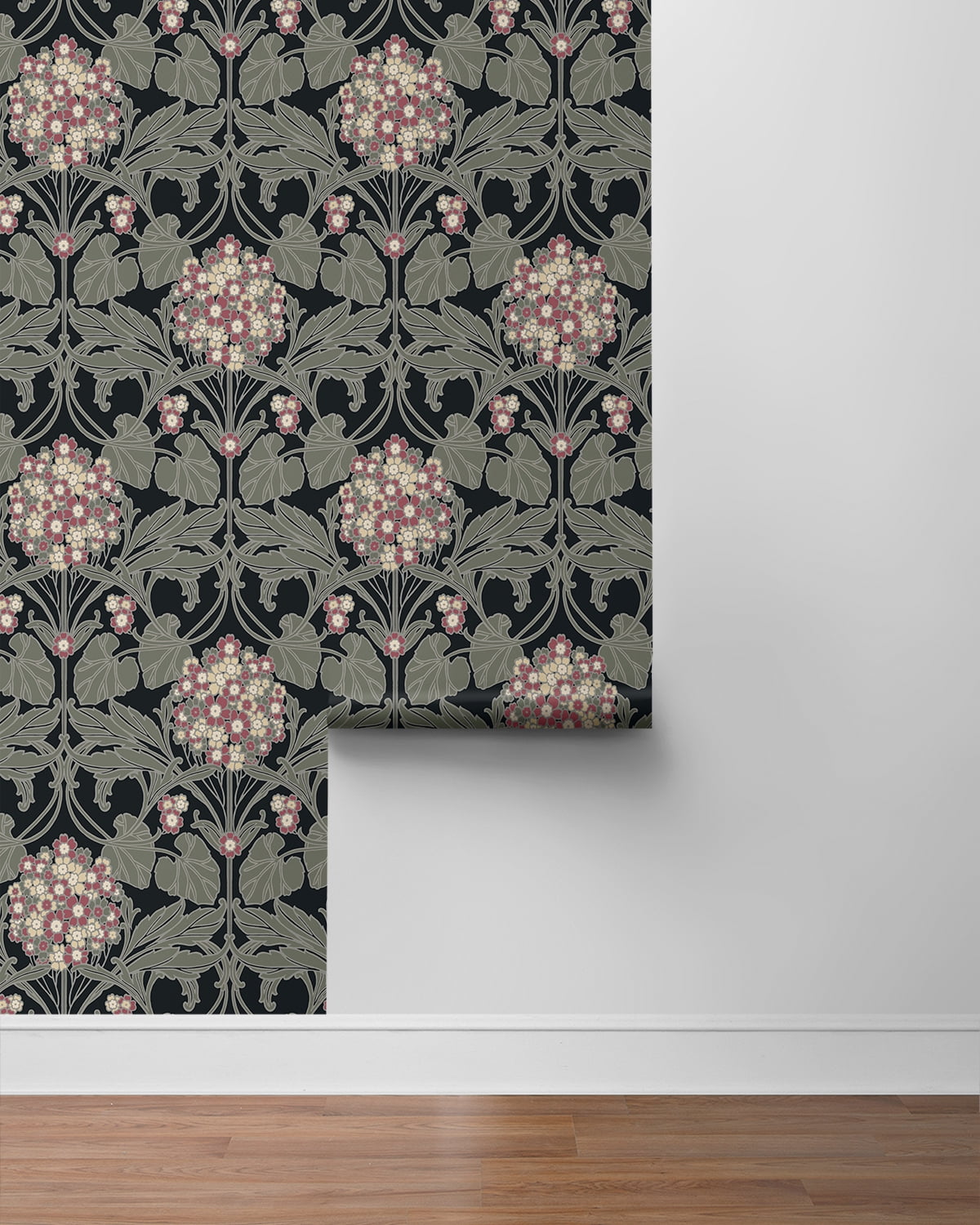 NextWall Black & Rosewood Hydrangea Floral Peel and Stick Wallpaper - 20.9 in. W x 18 ft. L Roll