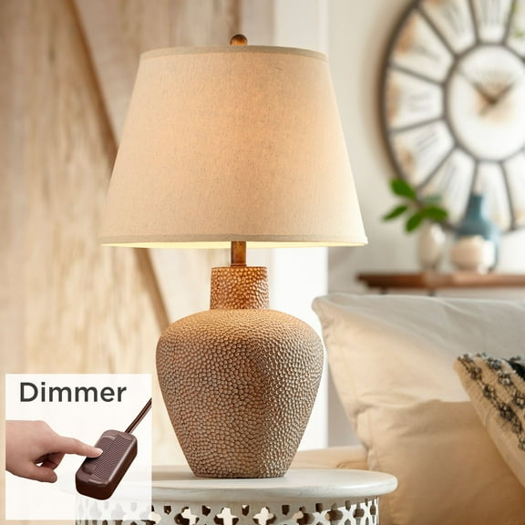 360 Lighting Rustic Farmhouse Table Lamp 29" Tall with USB Dimmer Brown Leaf Hammered Off White Shade for Bedroom Living Room House Bedside Nightstand