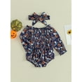 thumbnail image 3 of Liacowi Infant Baby Girl Halloween Outfits Newborn 2PCS Fall Clothes Off Shoulder Long Sleeve Pumpkin Print Romper + Bow Headband, 3 of 9