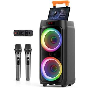JYX Large Bluetooth Speaker, Portable Big Party Speaker with Wheels, Trolley Bar, DJ Light, Deep Bass Stereo System with 2 Wireless Mics and Remote, Graduation Gift, T9