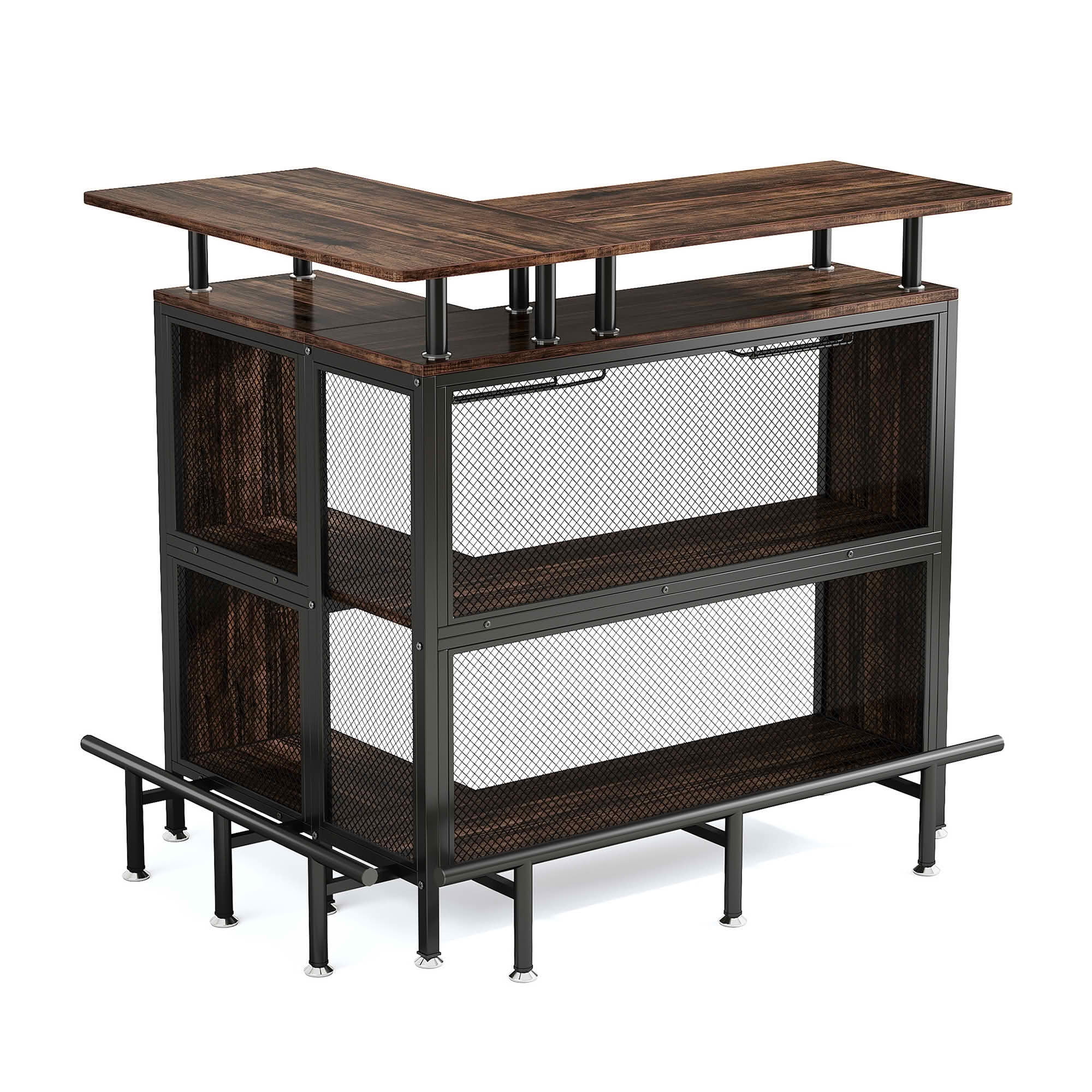MAYEERTY L Shaped Home Bar Unit, Corner Liquor Bar Table with Glasses Holders and Storage Shelves for Home Entertaining