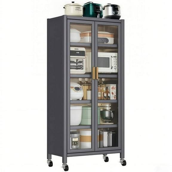 65" Kitchen Pantry Cabinet, 5 Tier Metal Display Storage Cabinet with Transparent Door, Adjustable Shelves & Wheels, Food Pantries Cabinets, for Kitchen, Living Room and Dining Room