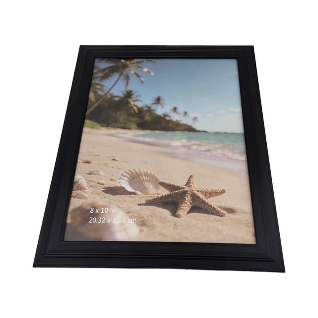 portaretrato prichos 1 pieza marco negro rectangular 8 x 10 pulg (20.32 x 25.4 cm) vista frontal en 3/4 con borde estriado y foto de playa con estrella de mar; ideal para regalo, práctico y fácil de usar, a menudo usado para mostrar fotos familiares o de viaje.