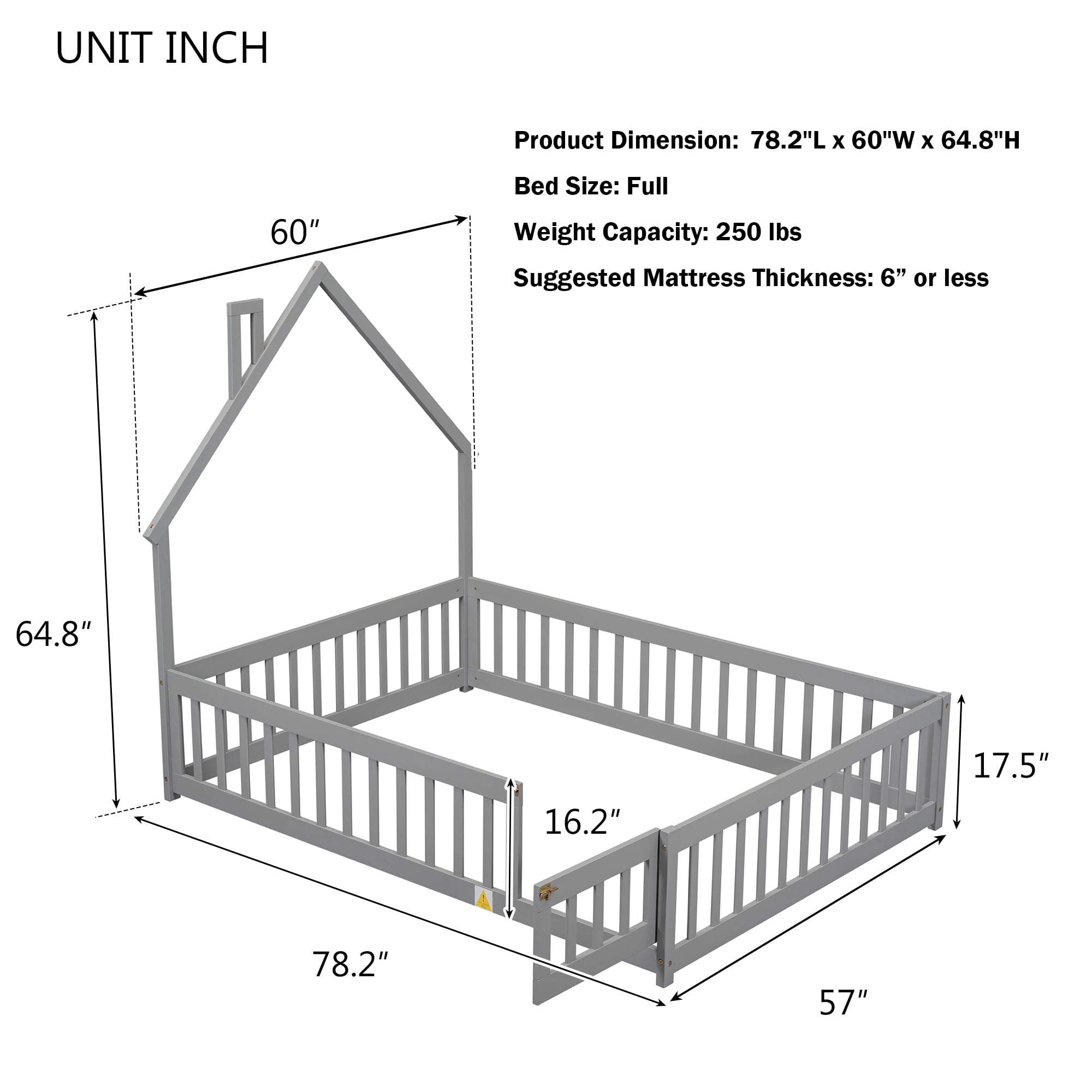 Bellemave Full Size Floor Bed with House-shaped Headboard and Fence Full Wood Floor Bed Frame with Guardrails and Door Montessori House Bed, Gray