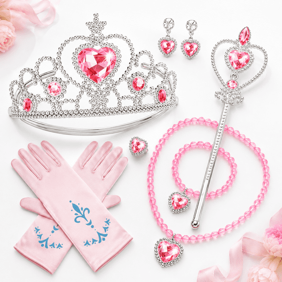 7PCS Princess Dress Up Accessories Diamond Crown Set with Gloves Tiara Wand Necklace Earrings Bracelet Ring Present