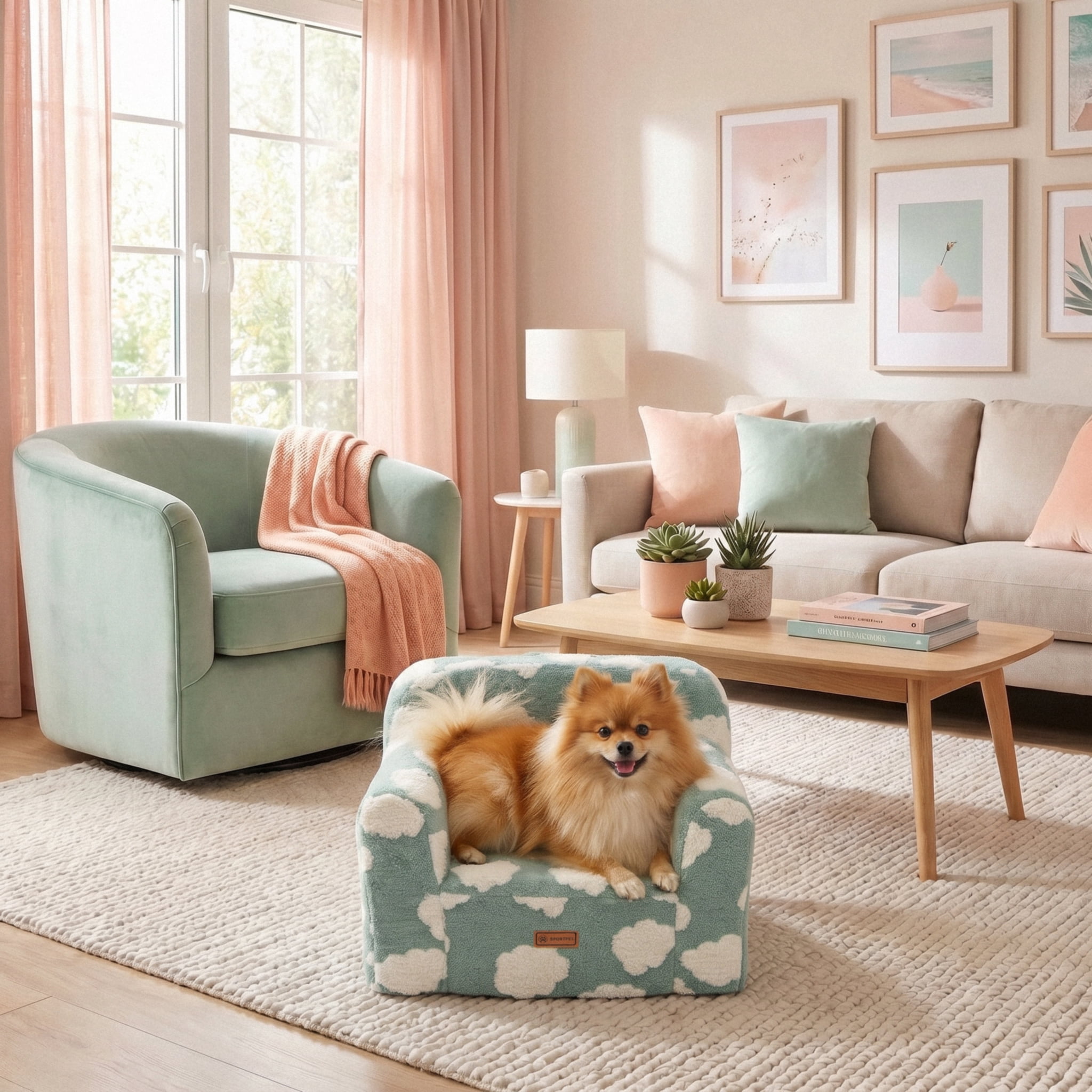 SportPet Sherpa Lounge Chair Pet Bed, with Cloud Print, Blue, One Size