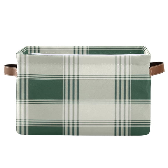 Tartan Fabric Green Plaids Square Storage Bins with Handles Collapsible Containing Box 1 Pack