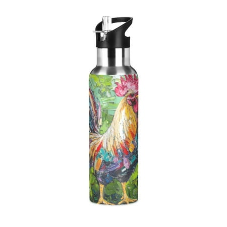 

600/1000ML Stainless Steel Sport Water Bottle with Straw Lid Leak Proof Vacuum Insulated Mug for Outdoor Activities Cycling Running & Walking Chickens Painted in Oil