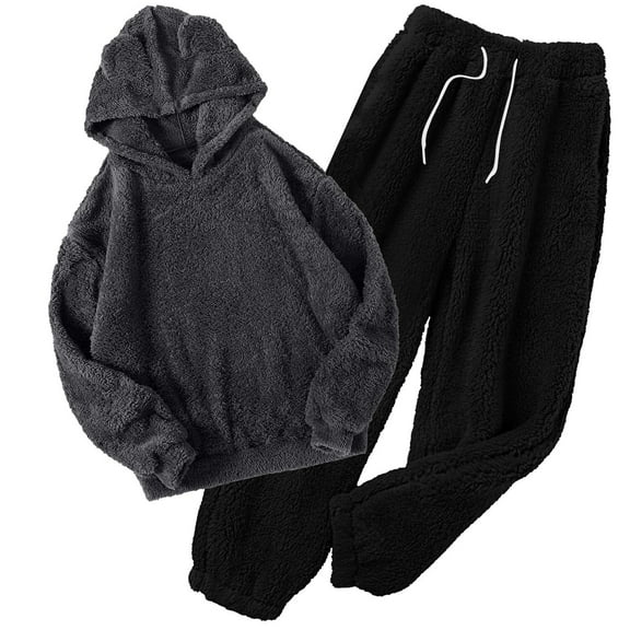 Alkepwun Mens Fleece Lined Track Suits 2 Piece Set Fluffy Coral Fleece Pajamas Set Pullover Pants Loose Plush Warm Loungewear Sleepwear