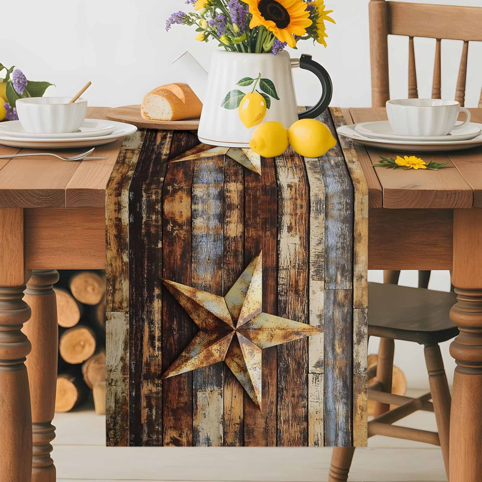 Vintage Texas Star Wood Grain Table Runner 90 Inches Long, Farmhouse Barn Board Table Runners Tabletop Scarf Kitchen Dining Tables Decoration for Home Party Indoor Outdoor