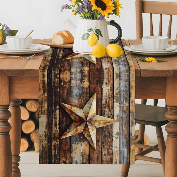 Kitchen Table Runner 36 Inches Long, Vintage Texas Star Wood Grain Cotton Linen Table Runners for Dining Tables Home Holiday Party Wedding, Farmhouse Barn Board Tabletop Scarf