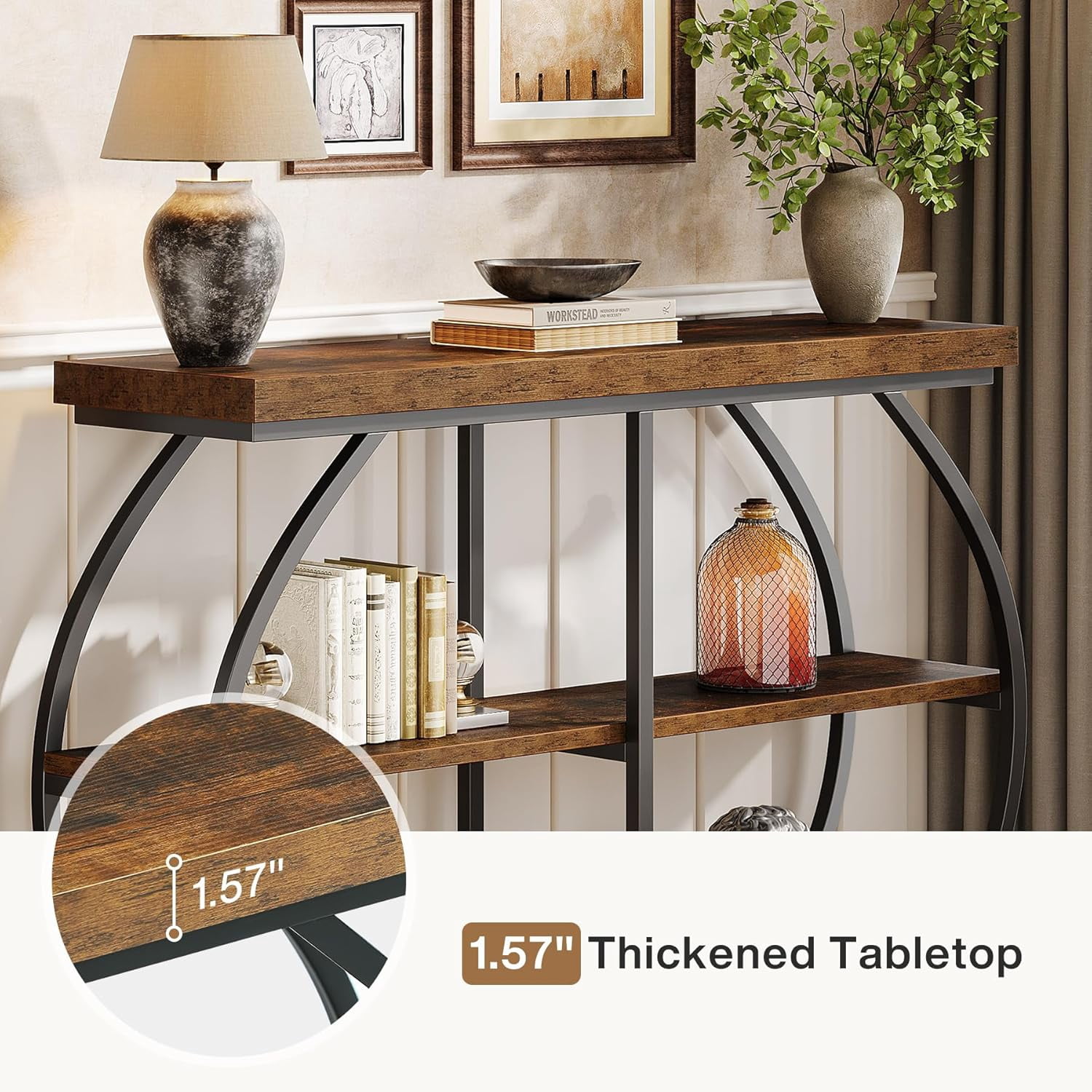 Tribesigns 41.3" Industrial Console Table: 3-Tier, Arched Metal Frame, Entryway Table with Storage Shelves, Rustic Brown & Black