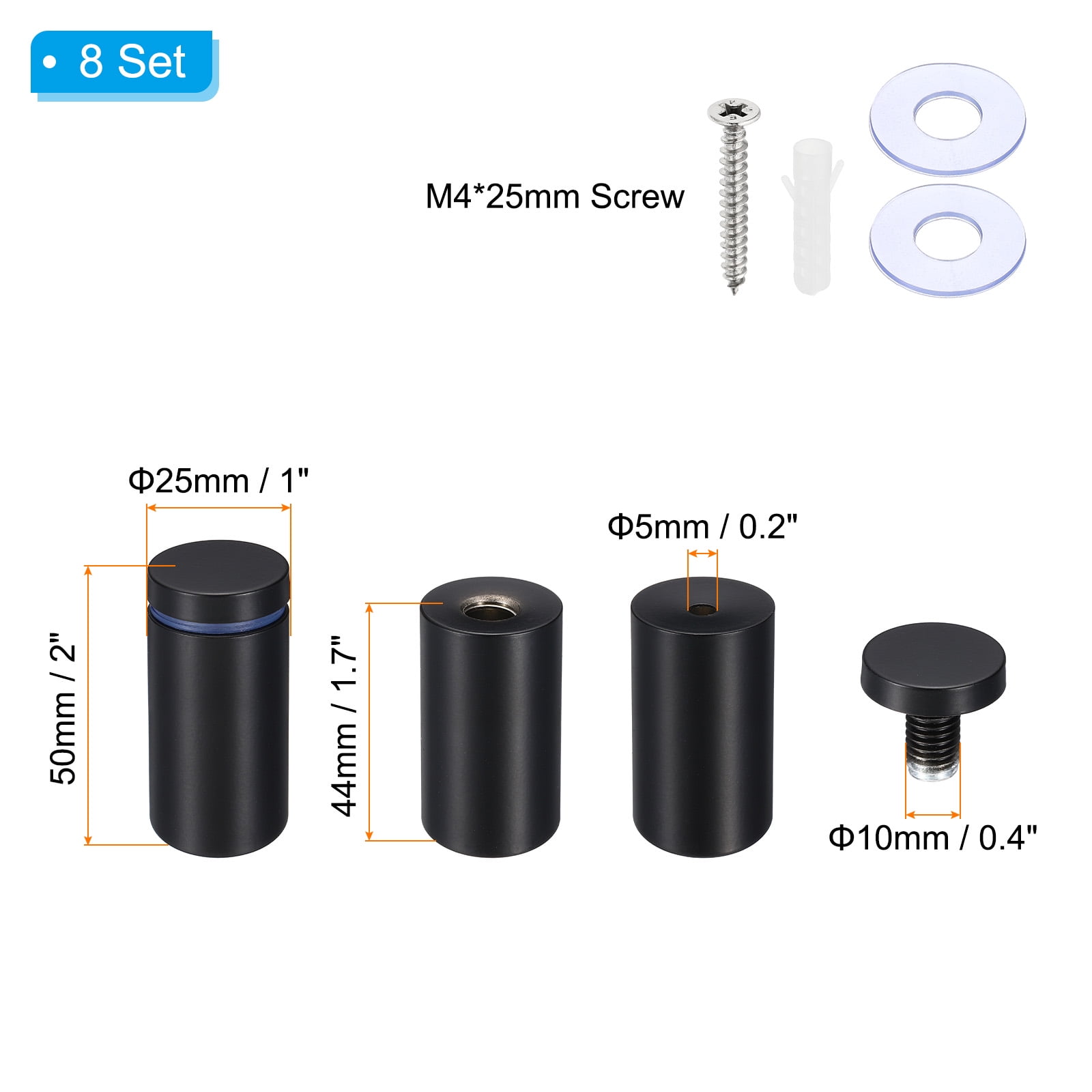 Uxcell 1 x 2 Inch Sign Standoff Screws, 8 Set Stainless Steel Wall Standoff, Black
