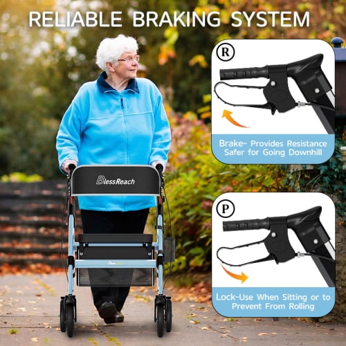 Foldable, Adjustable Height 8-Wheel Rollator Walker with Seat, Blue, 450 lb Limit