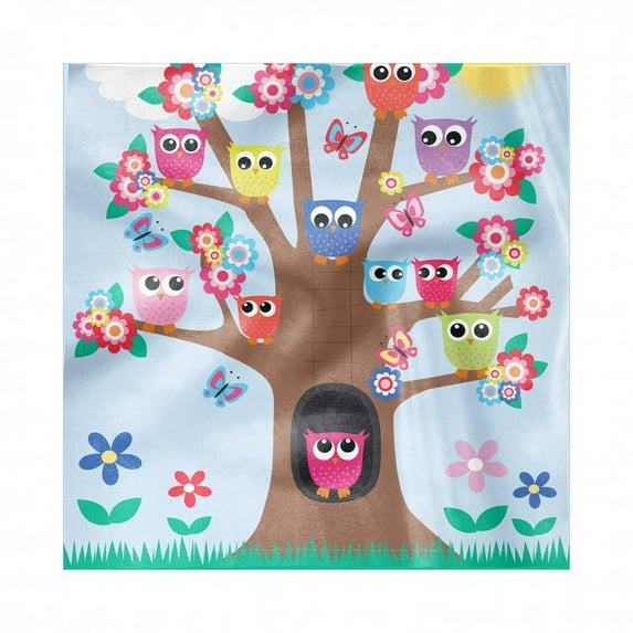 Owl Decorative Satin Napkins Set of 4, Cartoon Birds and Butterflies on a Tree Nursery Style Composition Kids Illustration, Square Fabric Party & Dinner Napkin, 12", Multicolor, by Ambesonne