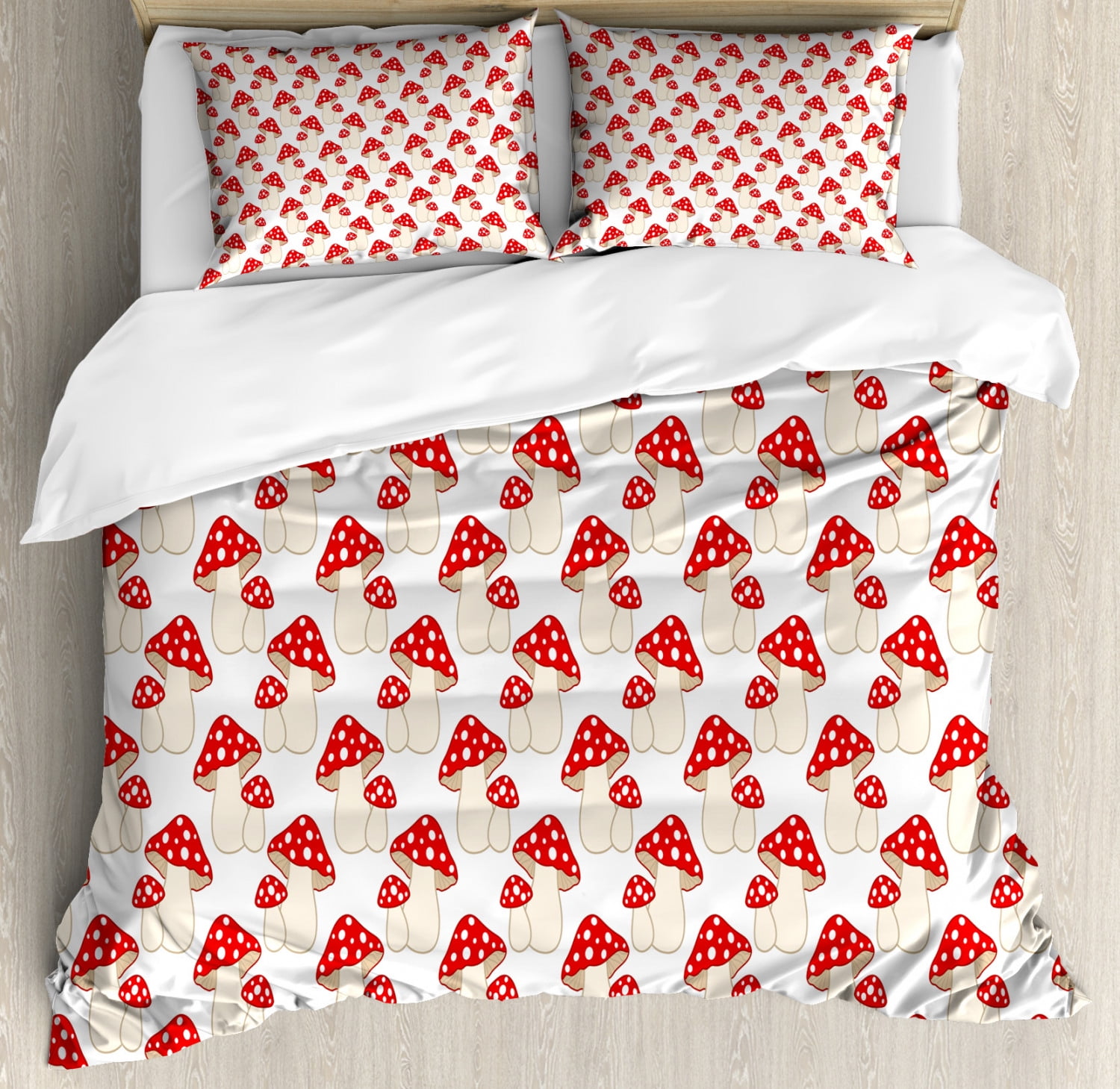 Mushroom Duvet Cover Set, Cartoon Style Cute Amanita Mushrooms Dotted
