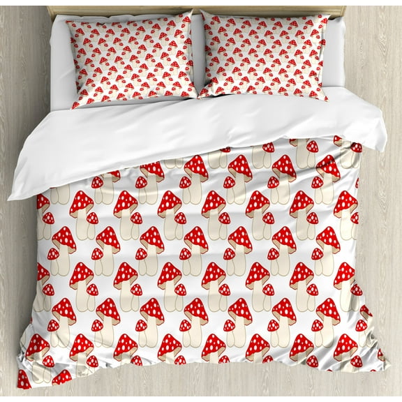 Mushroom Duvet Cover Set Queen Size, Cartoon Style Cute Amanita Mushrooms Dotted Forest Plants Summer Nature Kids Design, Decorative 3 Piece Bedding Set with 2 Pillow Shams, Cream Red, by Ambesonne