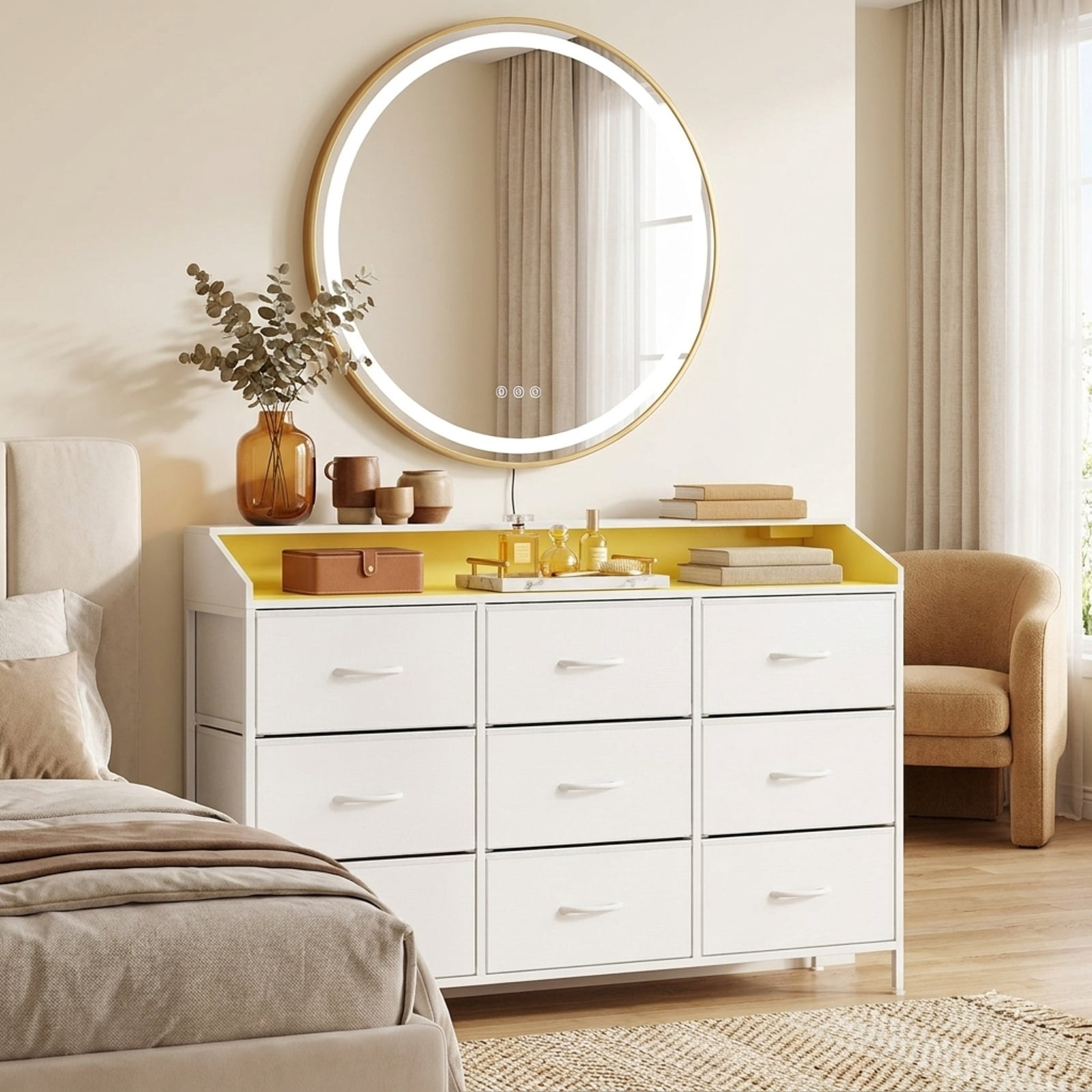 Furnibear Storage Organizer with LED Lights and 9 Fabric Drawers for Bedroom for Bedroom Closet Living Room Nursery Clothes Storage, White