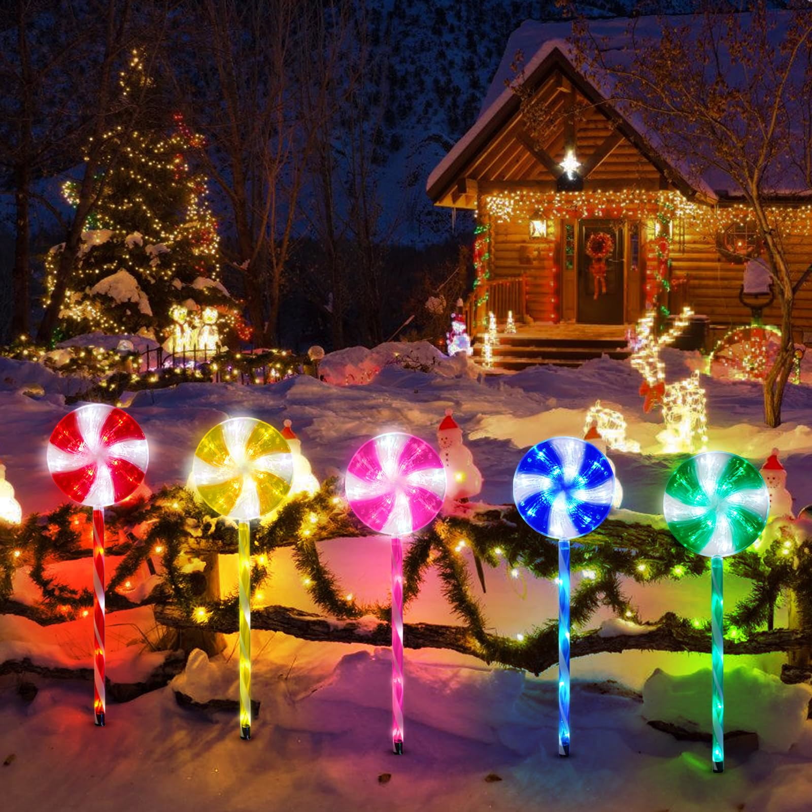 5 Pack Outdoor Christmas Decorations Solar Pathway Lights, Set of 5 Lollipops Stake Lights, 8 Modes Candy Cane Walkside Lights, Outdoor Xmas Decoration for Walkway,Yard