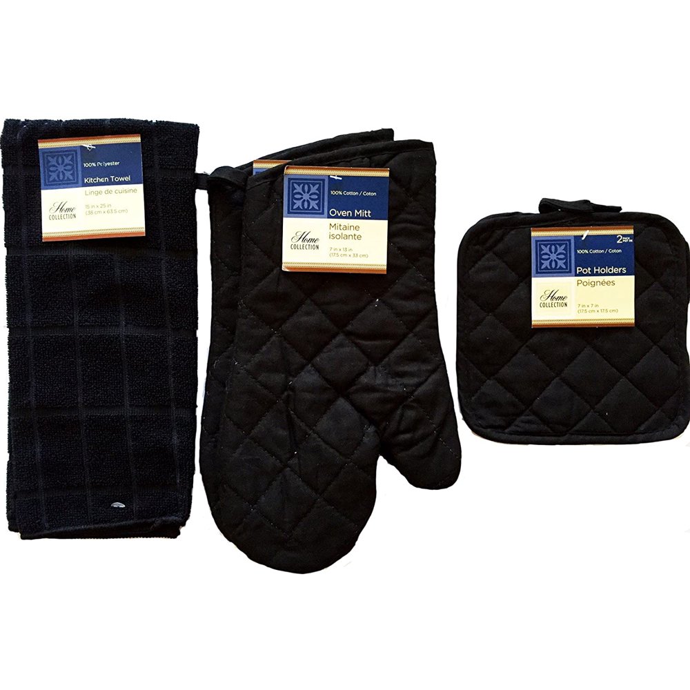 Kitchen Linen Set (2 Oven Mitts, 2 Pot Holders, 1 Kitchen Towel) (Black