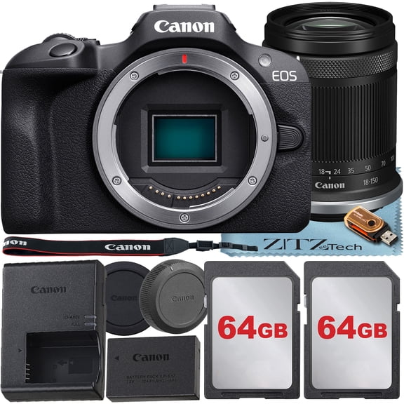 Canon EOS R100 Mirrorless Camera with RF-S 18-150mm Lens   2 Pack 64GB Memory Card   ZeeTech Bundle (International Version)