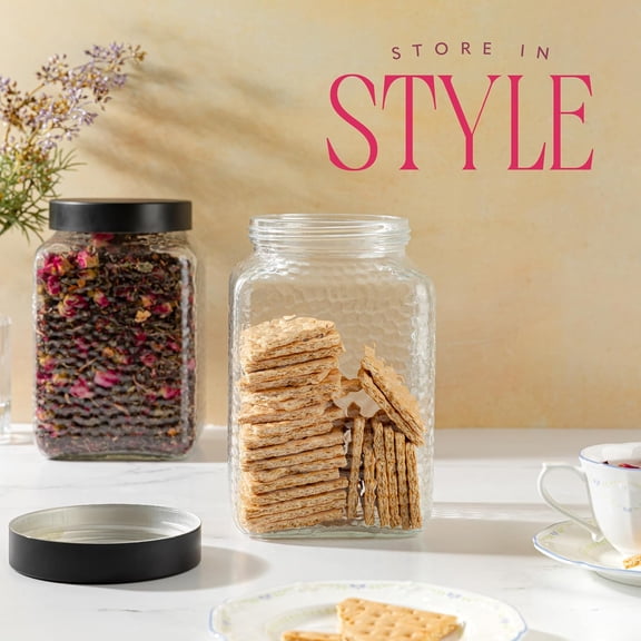 80oz Large Glass Kitchen Canister Set with Black Metal Lids - Pantry & Countertop Storage for Flour, Sugar, Coffee